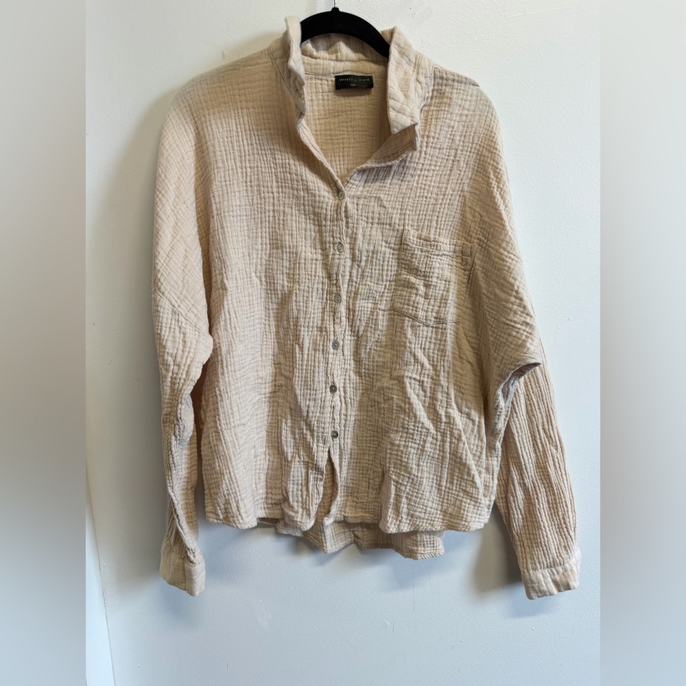 White Fox Beige Gauze Button Down Shirt Oversized Cotton Blouse Size M/L